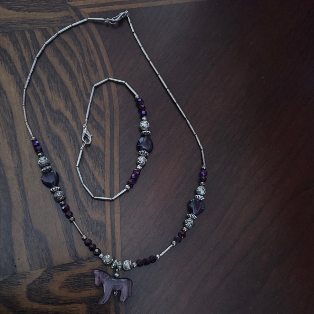 Kids Native American Indian necklace/bracelet set Purple and Silver heart Horse